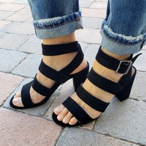 Vionic Black Suede Strappy Stacked Block Heel Blaire Sandals Heels New 6 6.5